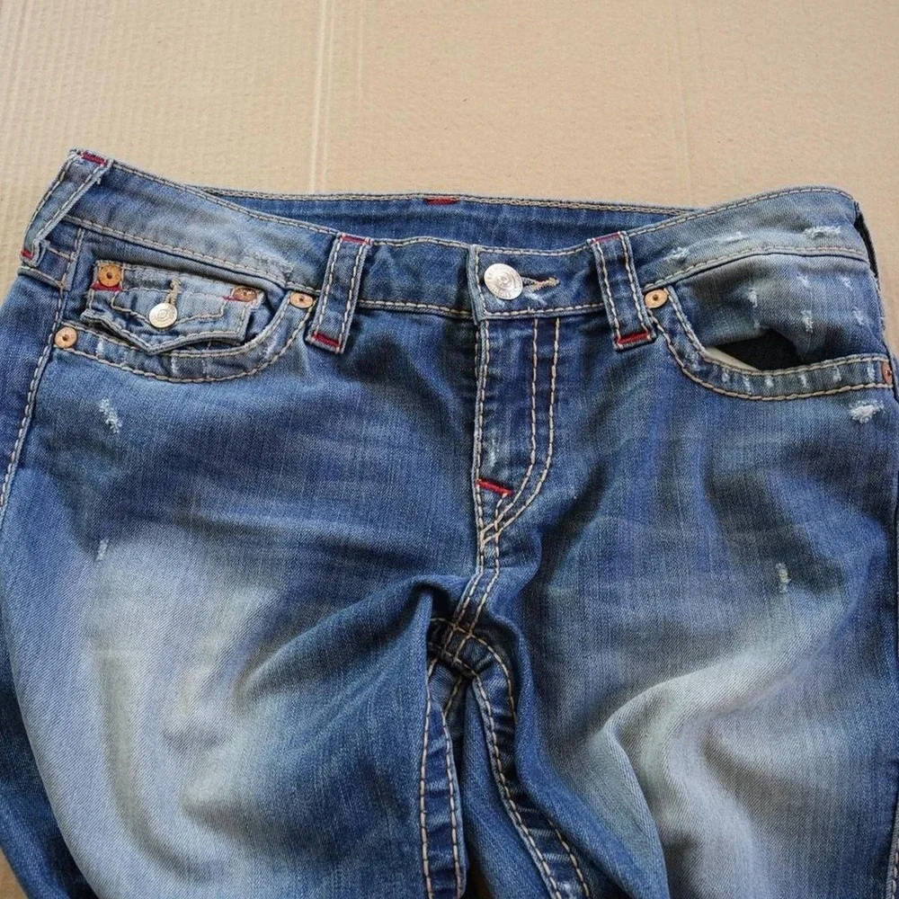 True Religion Big T Flap Jeans Men Sz 30 Medium Wash Bootcut Horseshoe Split Leg